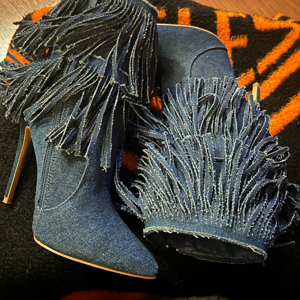 Shoe Republic LA Blue Fringed Heeled Boots